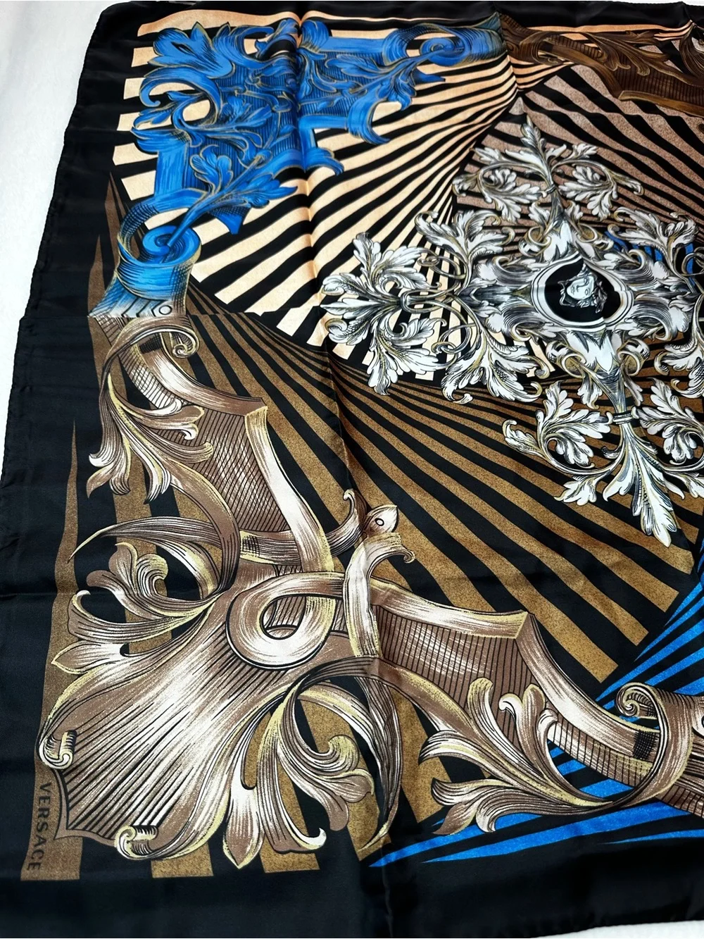Versace Silk Medallion Scarf in Blue, Gold & Black